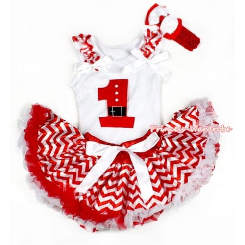 Xmas White Baby Pettitop with 1st Santa Claus Birthday Number with Red White Wave Ruffles & White Bow with Red White Wave Newborn Pettiskirt NN94 